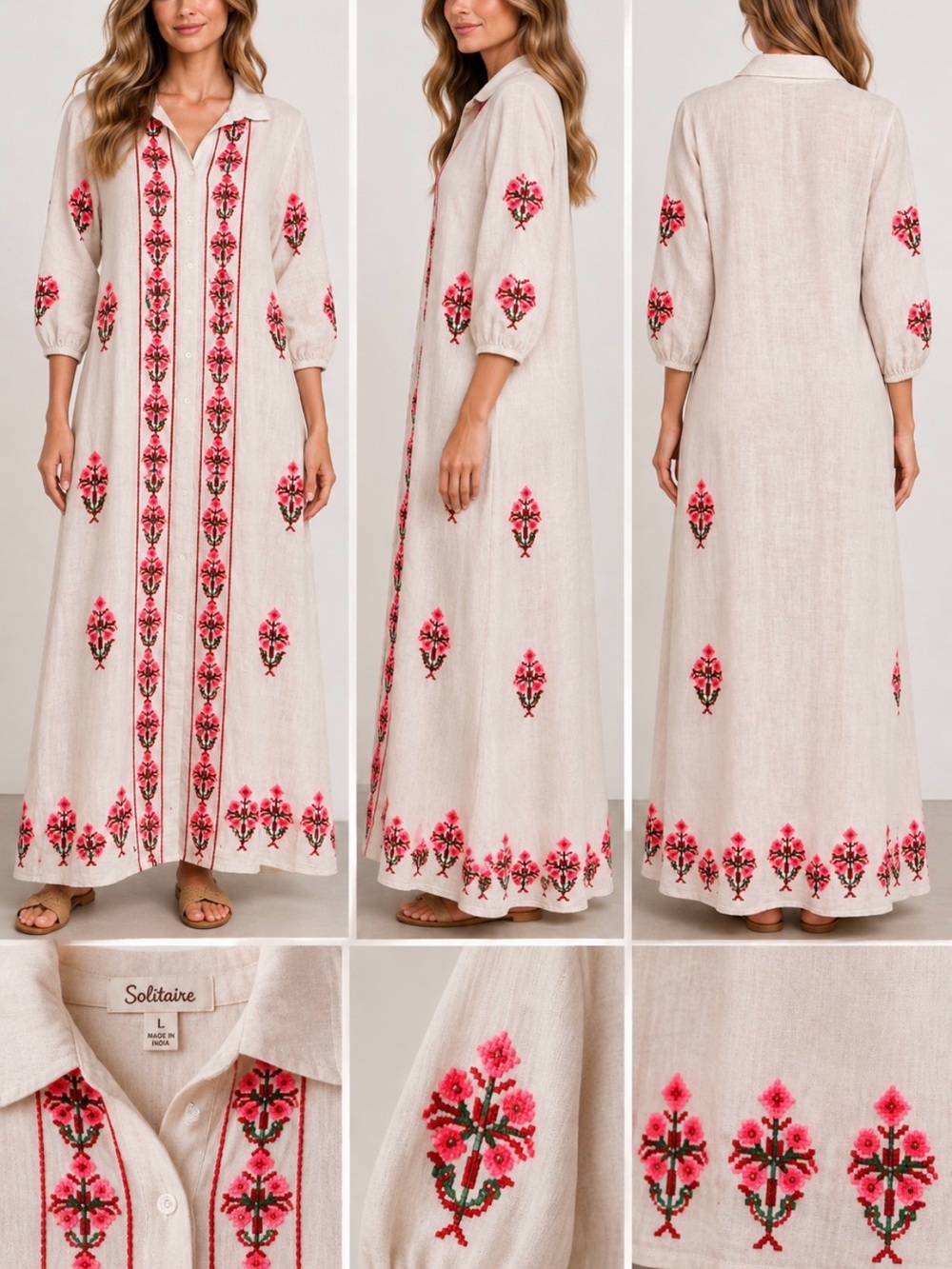 Solitaire Embroidered Maxi Shirt Dress Boho Resort Vacation White Size L